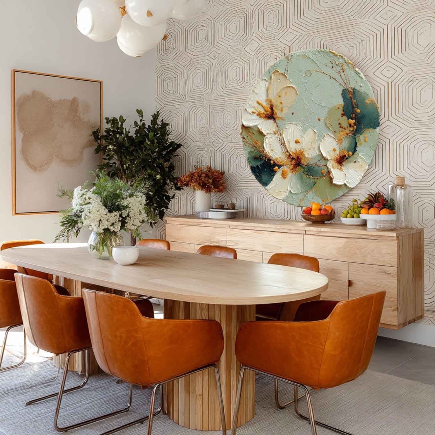 Wall Art Round White Floral Gold Accents - Neutralighting