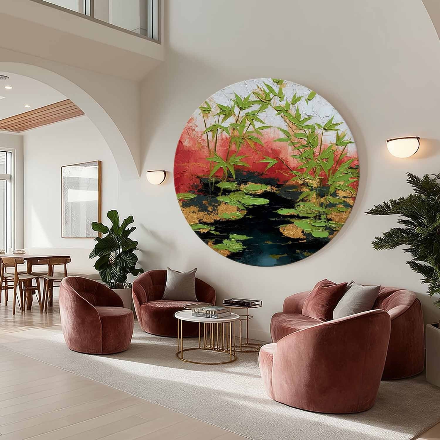 Wall Art Round Bamboo Lotus Leaf Red - Neutralighting