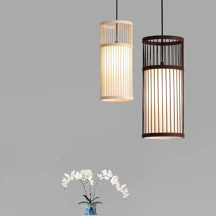 Ritta Weave Cylinder Pendant Light, Coffee/Wood, Metal/Bamboo - Neutral Decor