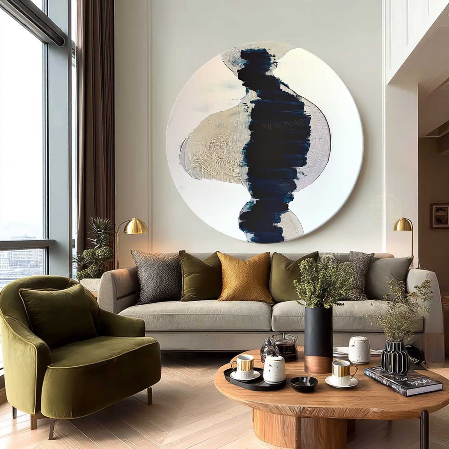 Wall Art Round Navy Beige Brushstroke - Neutralighting