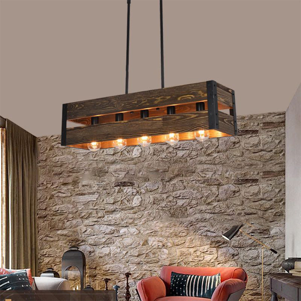 Silva Retro Rectangular Metal & Wood Pendant Light, 5 Heads, 2 Style - Neutral Decor