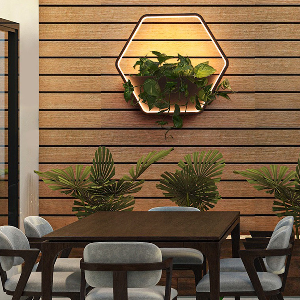 Ray Minimalist Hexagonal Ring With Shelf Metal Outdoor Wall Lamp, Black - Neutral Decor