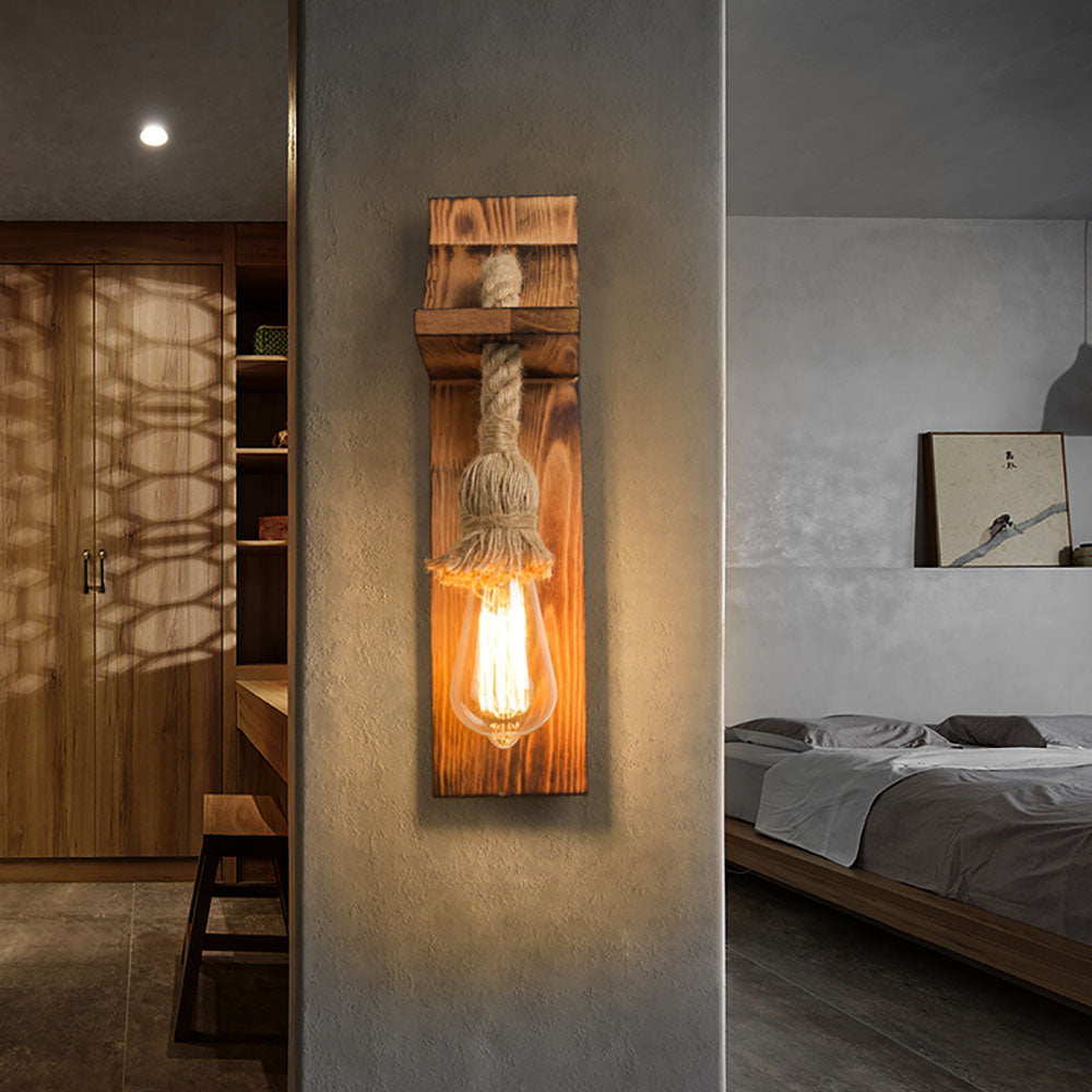 Epoch Vintage Rectangular LED Wall Light, Wood/Hemp Rope, Dining Room - Neutral Decor