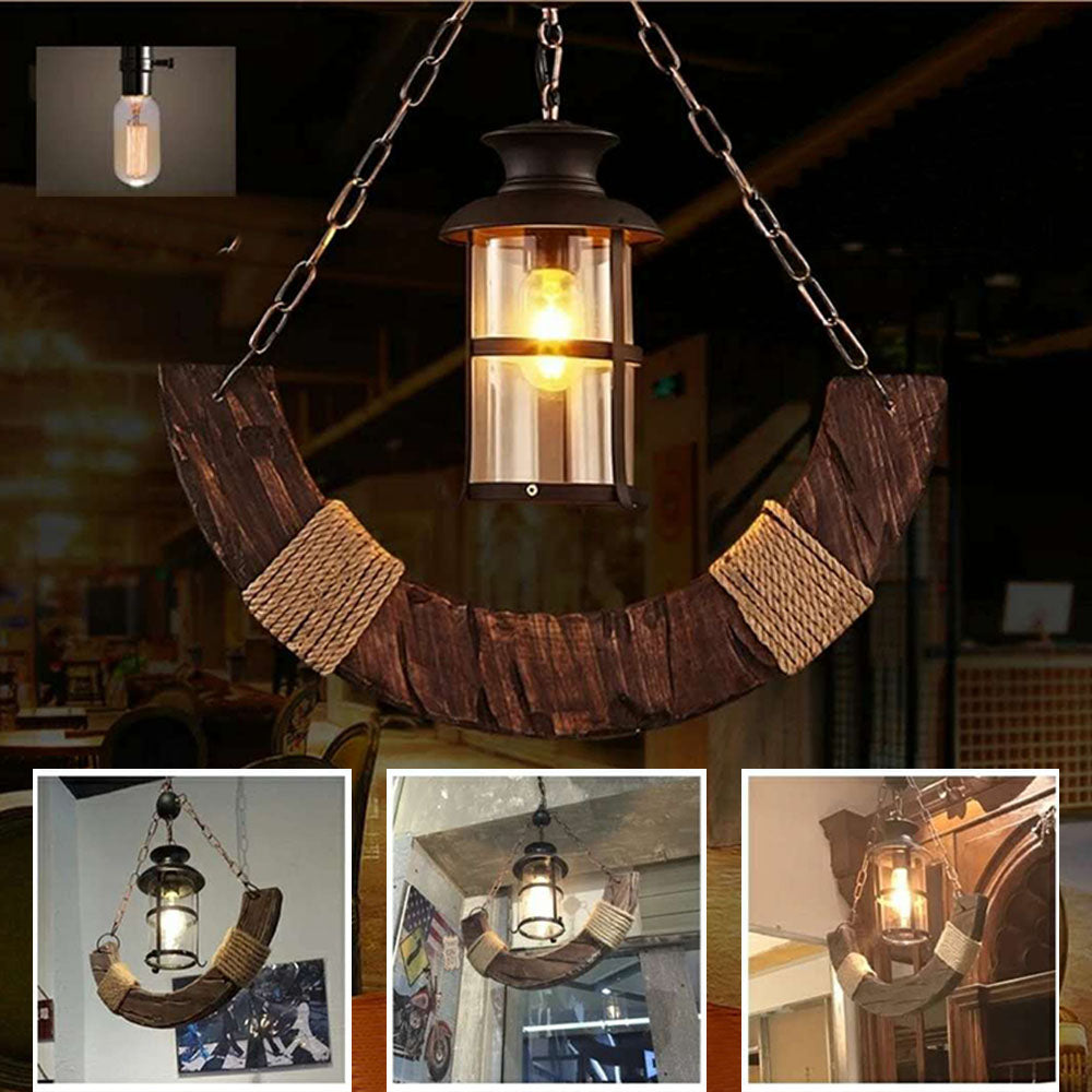 Epoch Retro Rustic Arc Metal/Wood Lantern Glass Pendant Light - Neutral Decor