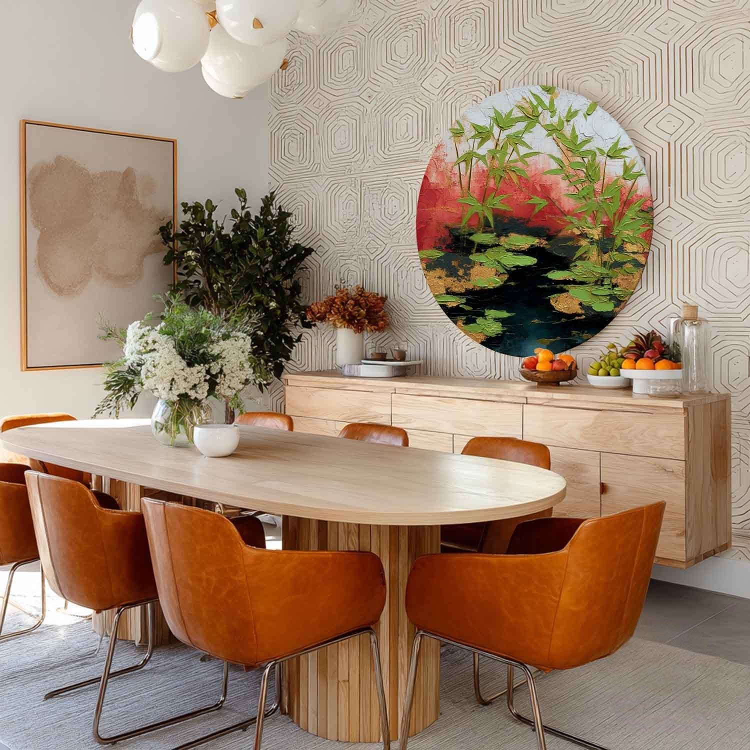 Wall Art Round Bamboo Lotus Leaf Red - Neutralighting