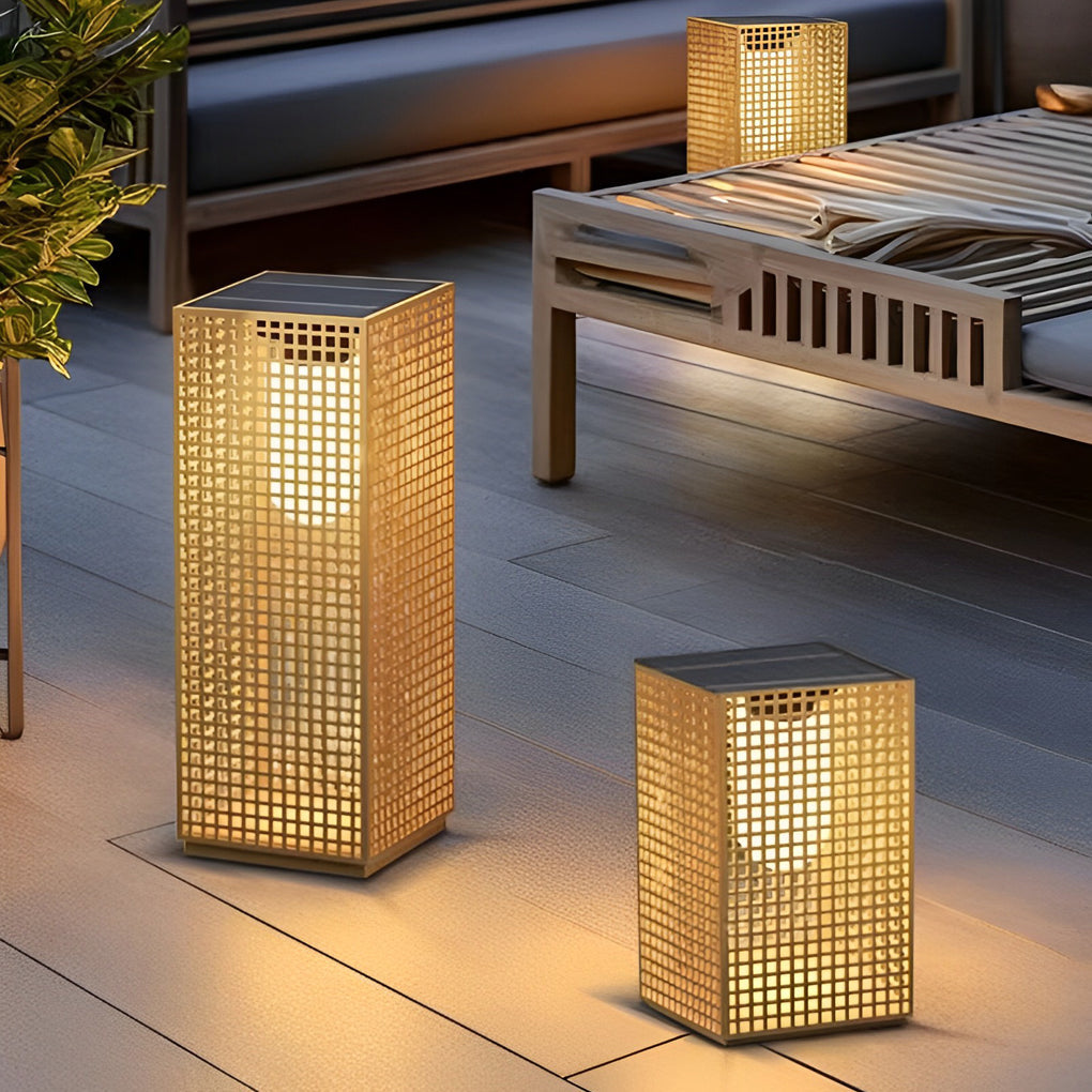 Fina Artistic Cuboid Asian-Inspired Steel Outdoor Pathway Bollard Lights