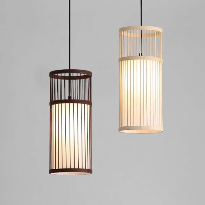 Ritta Weave Cylinder Pendant Light, Coffee/Wood, Metal/Bamboo - Neutral Decor
