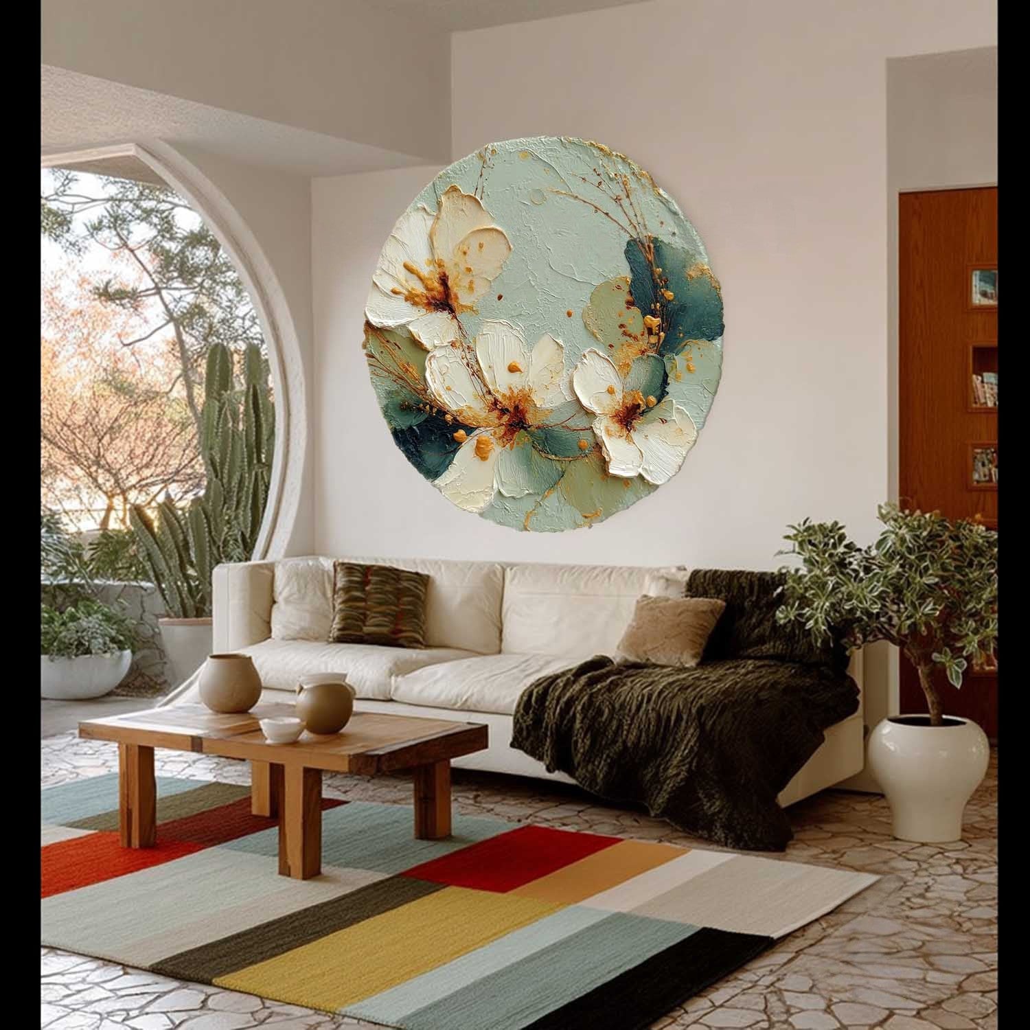 Wall Art Round White Floral Gold Accents - Neutralighting