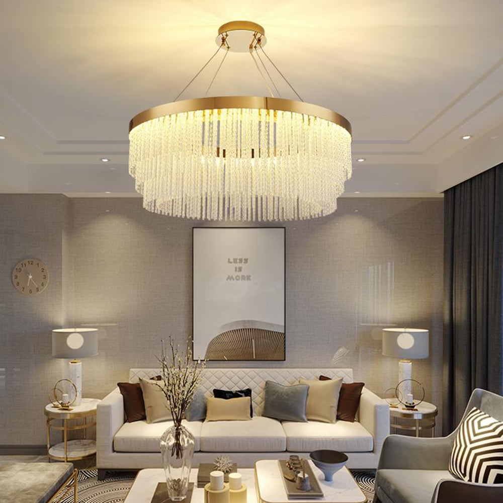 Kristy Modern Spiral Crystal Ring /Rectangle Chandelier, Gold - Neutral Decor