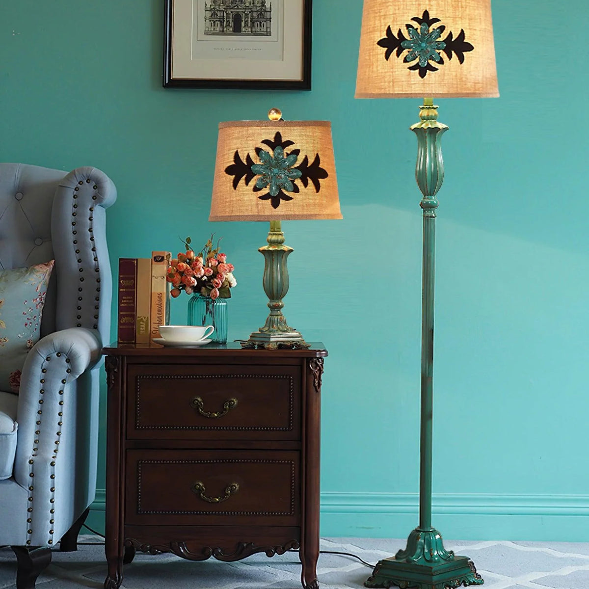 Eryn Floor Lamp Table Vintage, Metal/Resin, Green, Living Room - Neutral Decor