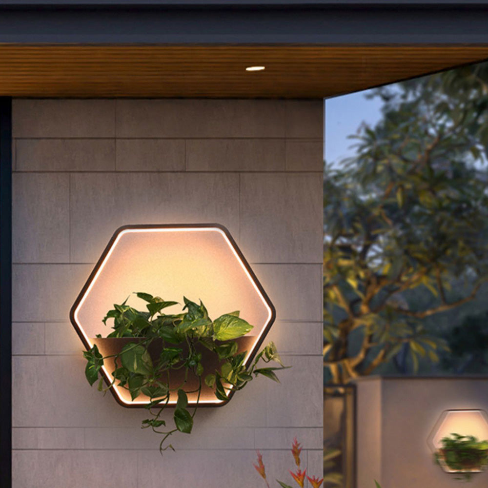 Ray Minimalist Hexagonal Ring With Shelf Metal Outdoor Wall Lamp, Black - Neutral Decor