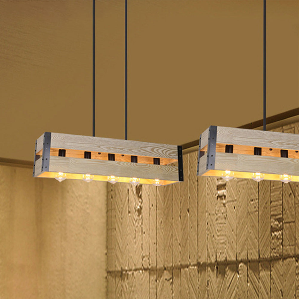 Silva Retro Rectangular Metal & Wood Pendant Light, 5 Heads, 2 Style - Neutral Decor