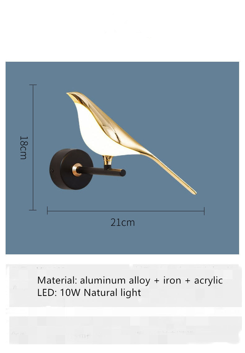 Arisha Minimalist Magpie Bird Metal Wall Lamp, Bedroom - Neutral Decor