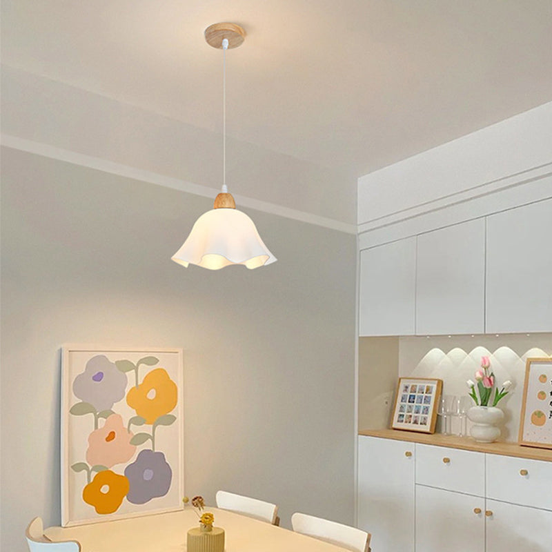 Muto Minimalist Flower Acrylic/Wood Pendant Light, White - Neutral Decor