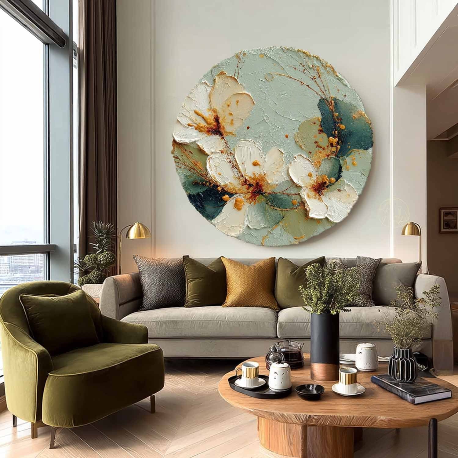 Wall Art Round White Floral Gold Accents - Neutralighting