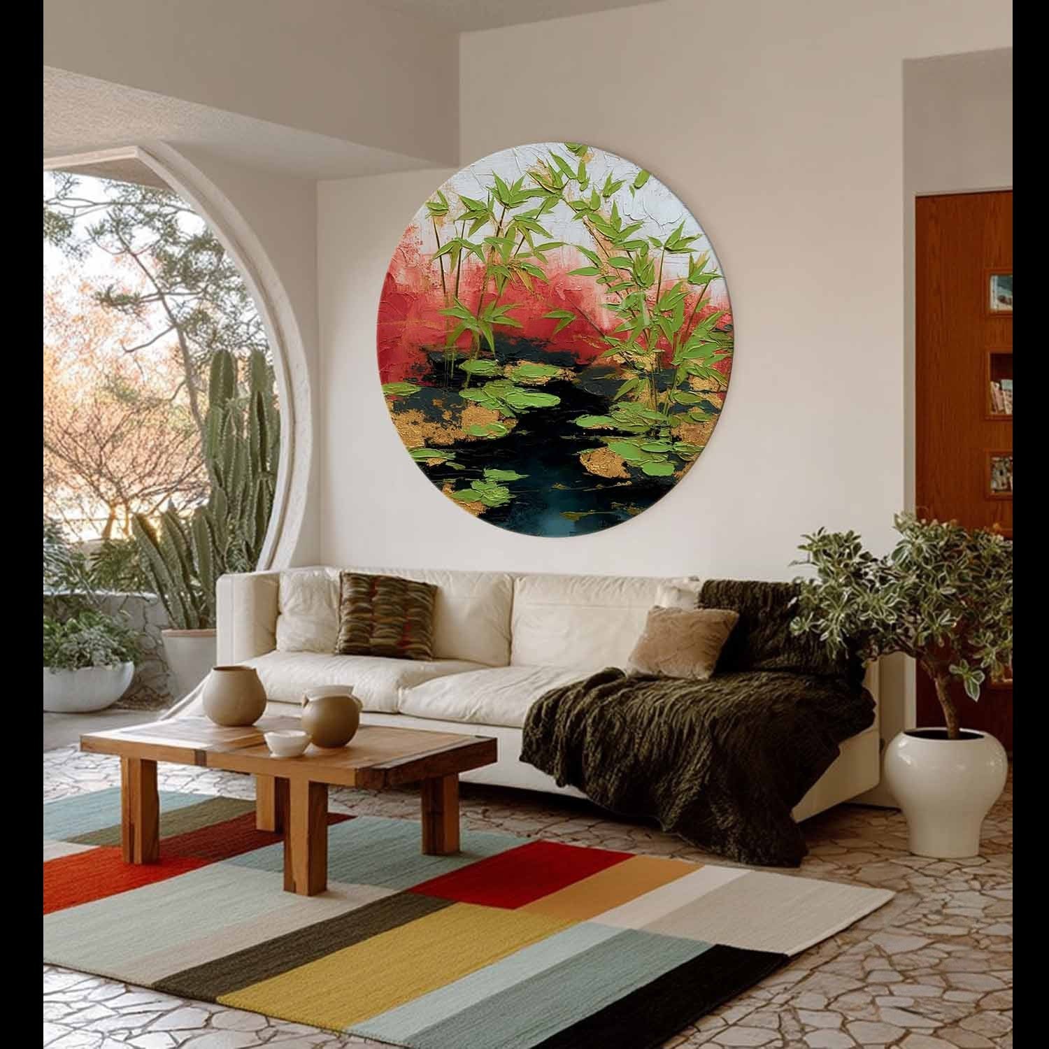 Wall Art Round Bamboo Lotus Leaf Red - Neutralighting
