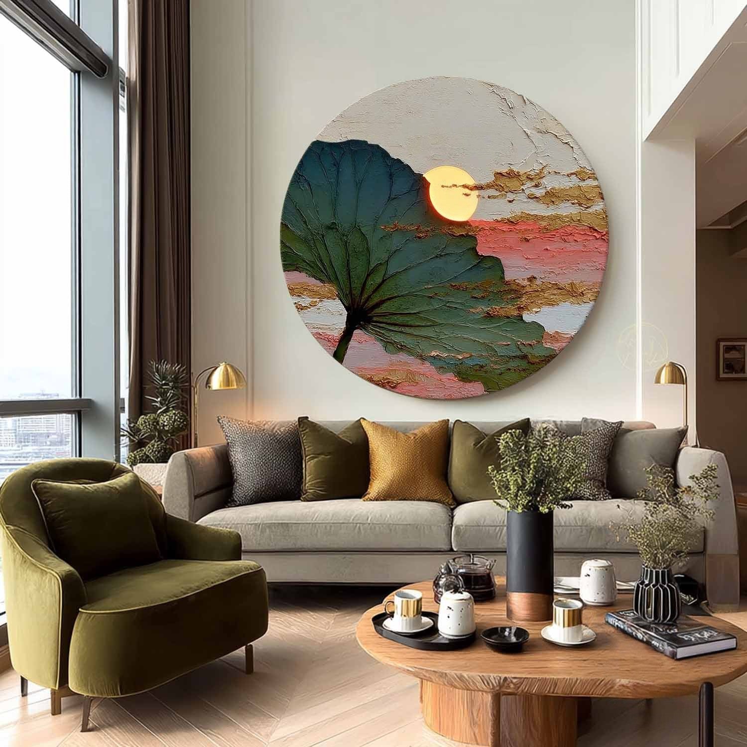 Wall Art Round Single Leaf Pink Sunset - Neutralighting