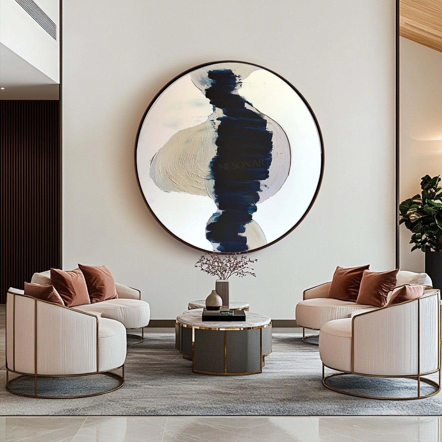 Wall Art Round Navy Beige Brushstroke - Neutralighting