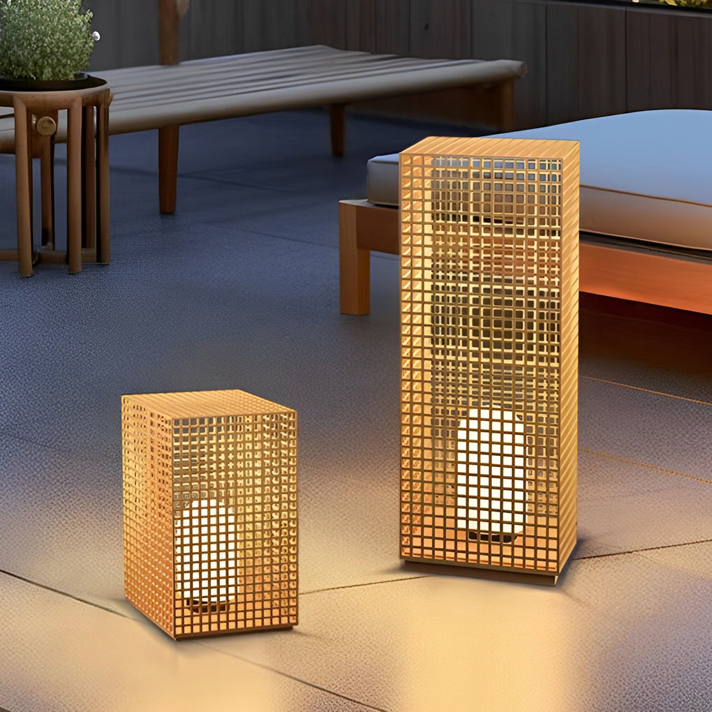Fina Artistic Cuboid Asian-Inspired Steel Outdoor Pathway Bollard Lights