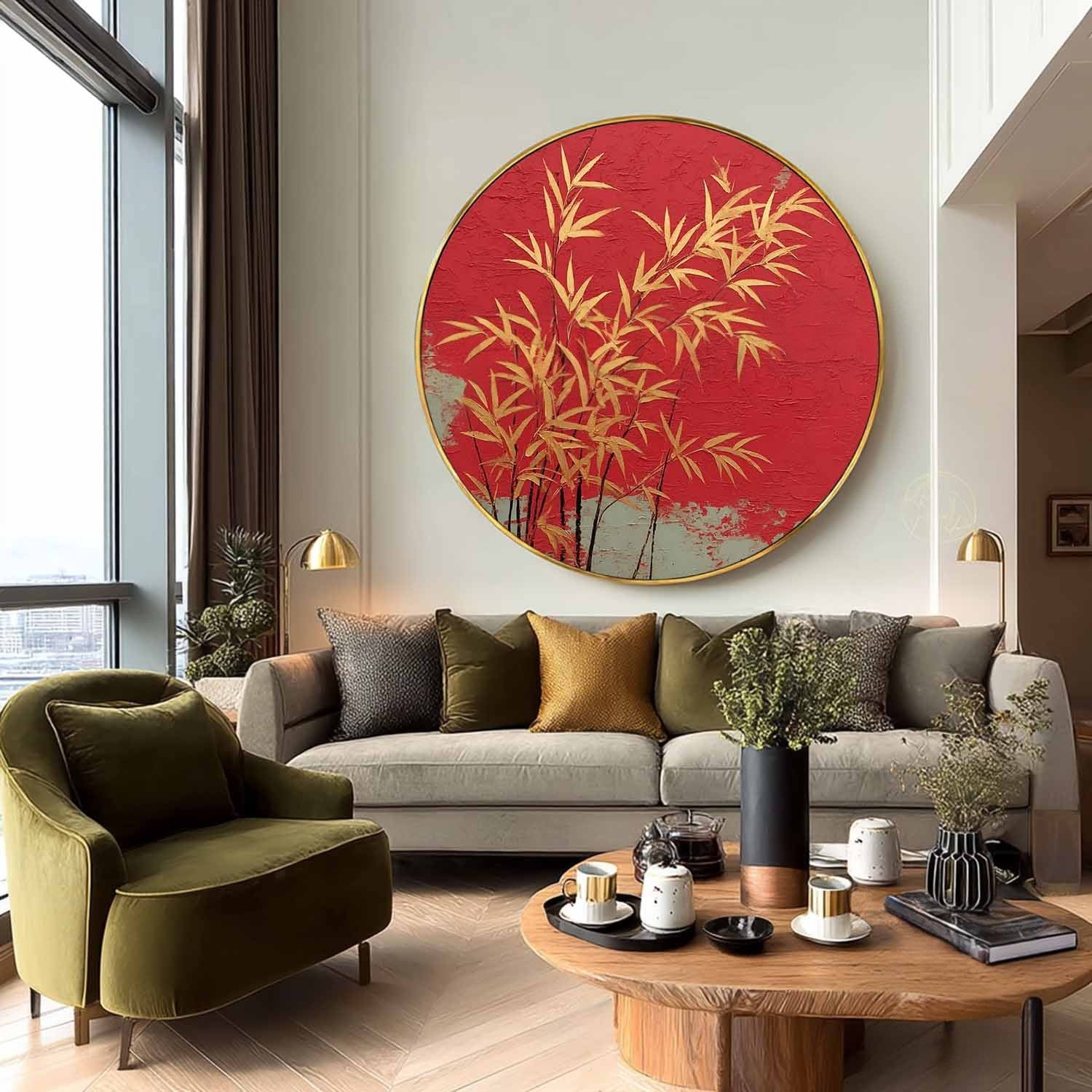 Wall Art Round Golden Bamboo Red - Neutralighting