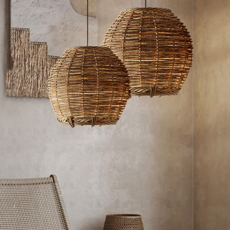 Muto Retro LED Pendant Light Wood Rattan Living Room Restaurant - Neutral Decor