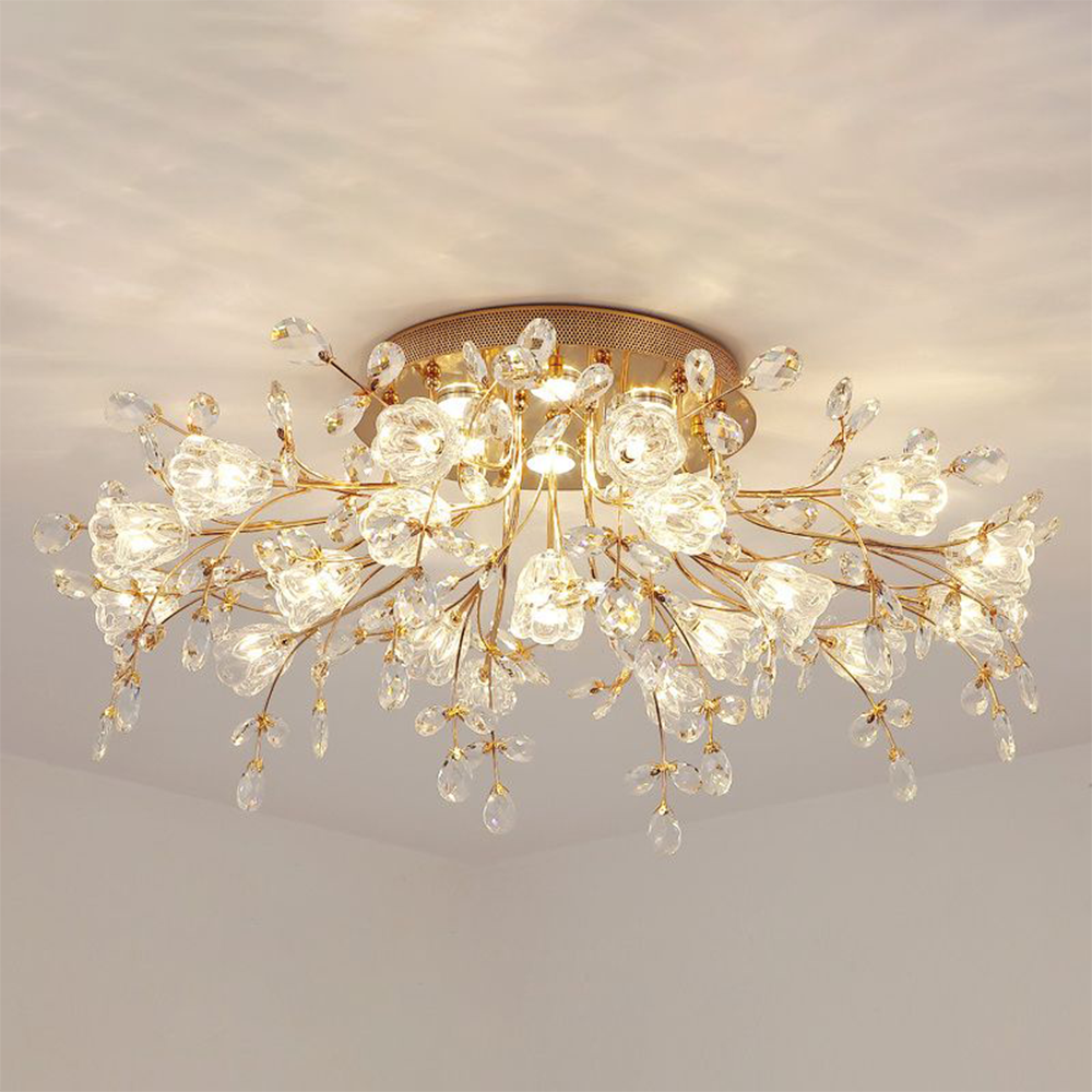 Arisha Art Deco Elegant Golden Crystal Flower Flush Mount Ceiling Light - Neutral Decor