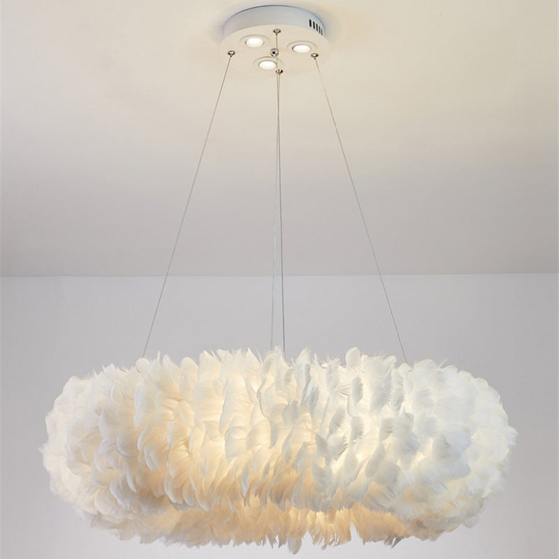 O'Moore Romantic Ring Feather/Metal Pendant Light, Natural Ostrich - Neutral Decor
