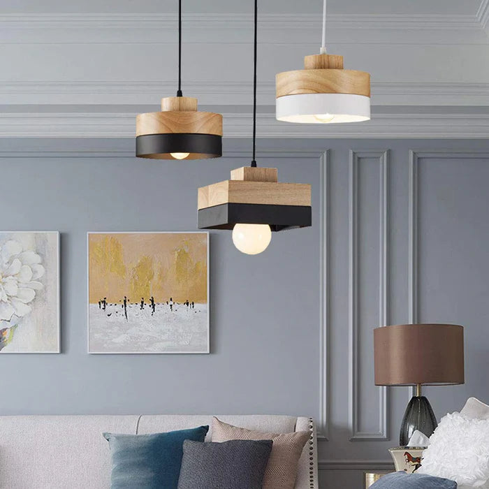 Aria Minimalist Black & White Wood Geometric Pendant Light - Neutral Decor