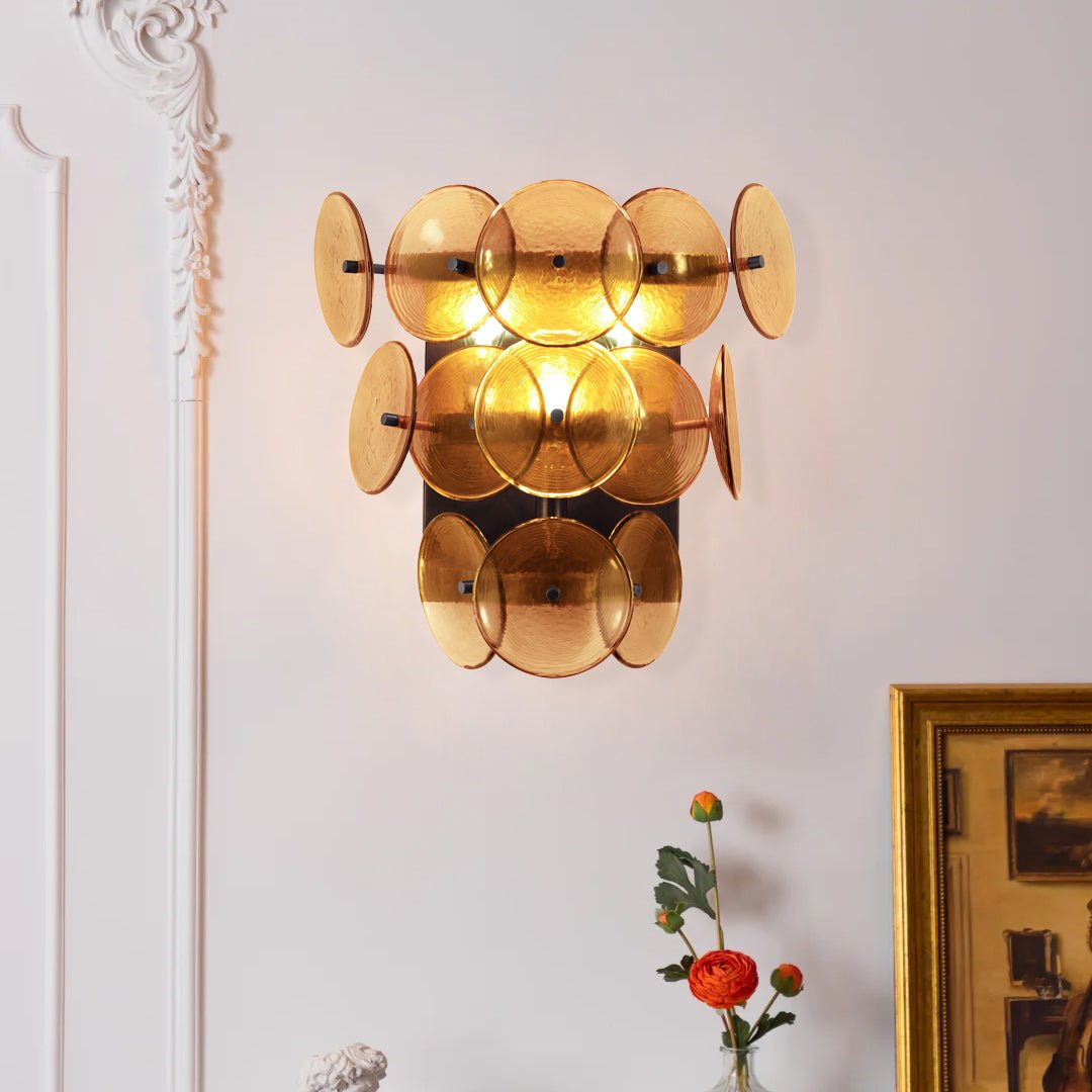 Taroe Wall Sconce Pressed Glass Disc Vintage Amber-Neutral Decor