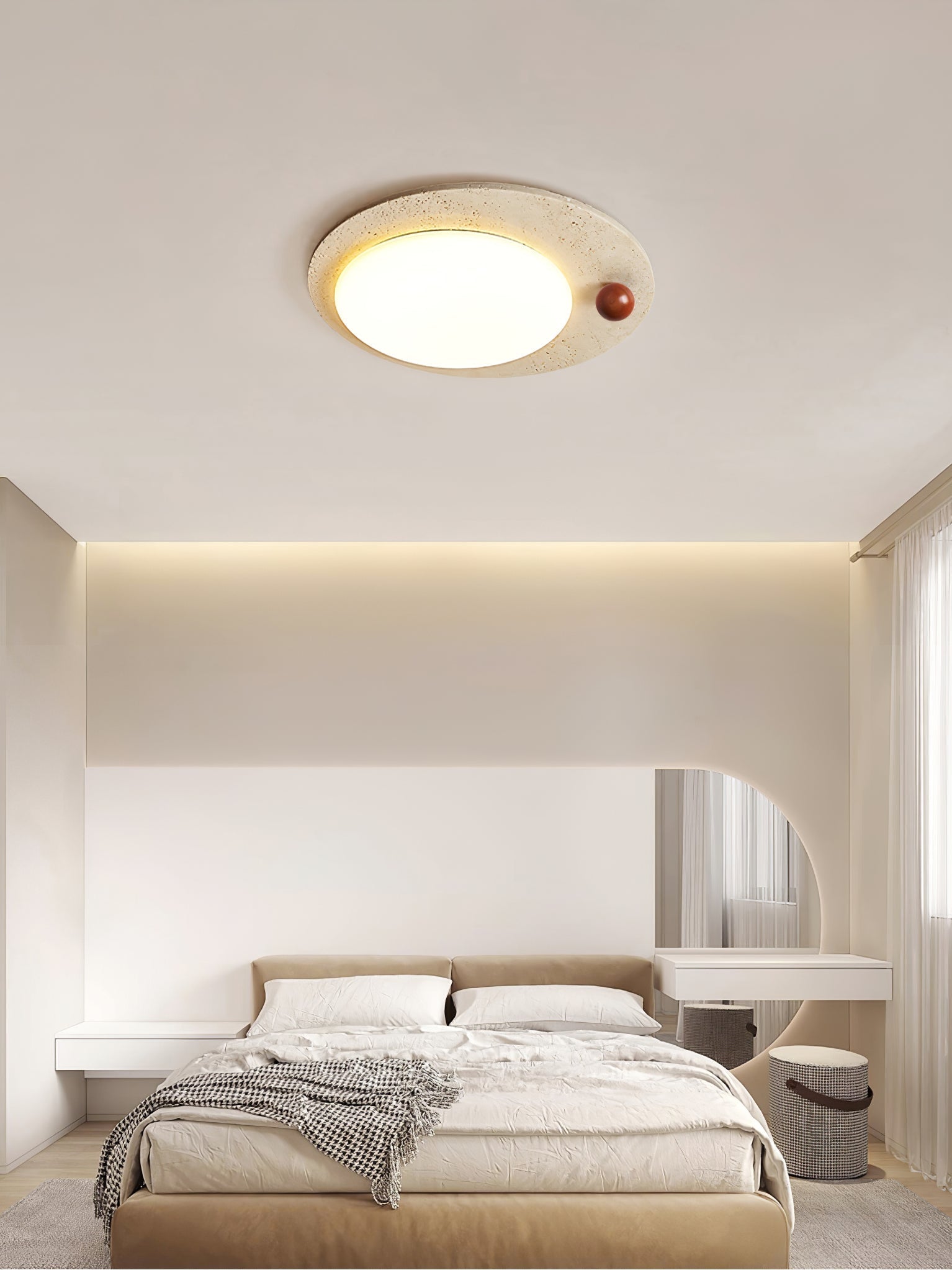 Circular Travertine Ceiling Light-Neutral Decor