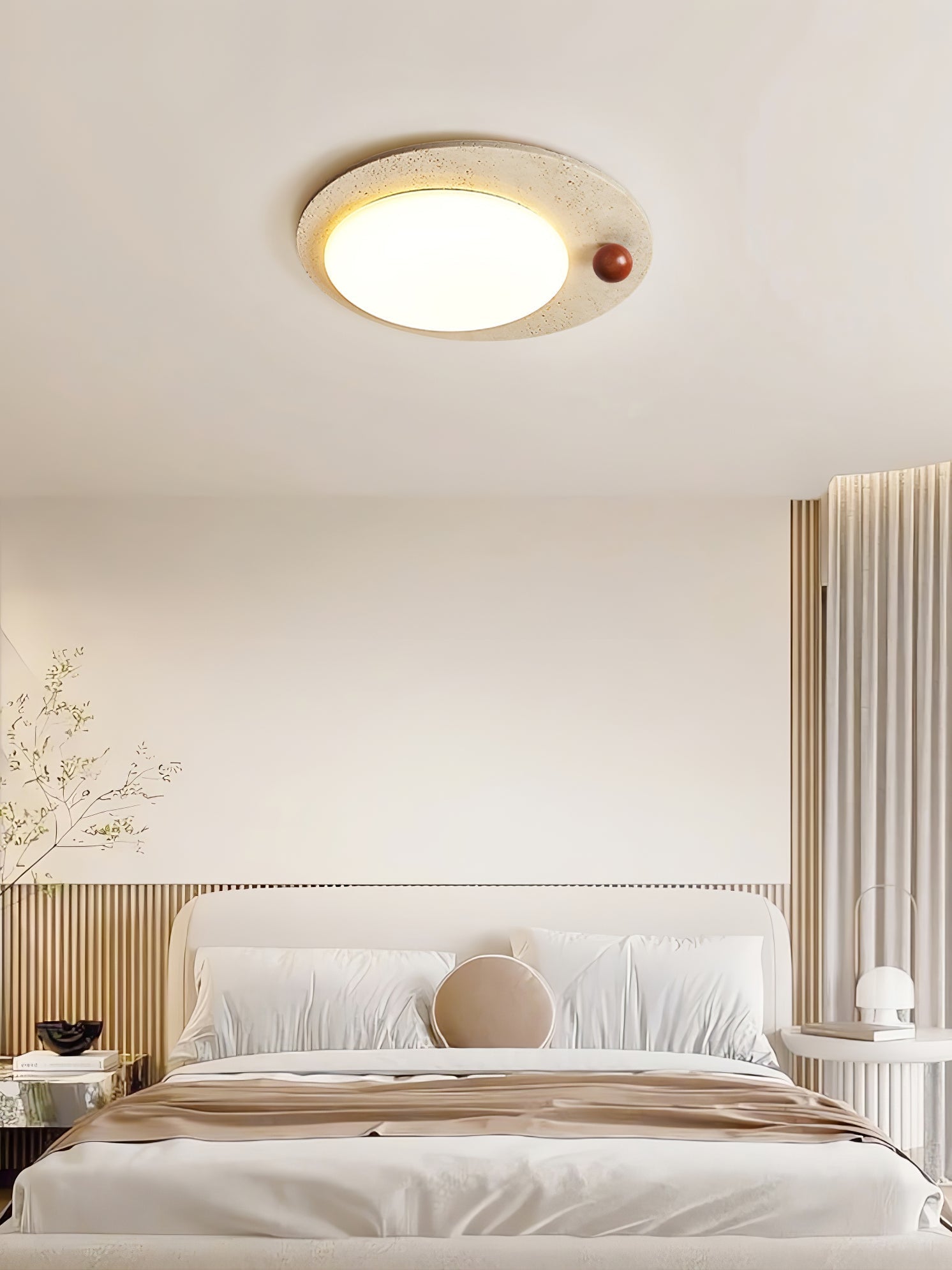 Circular Travertine Ceiling Light-Neutral Decor