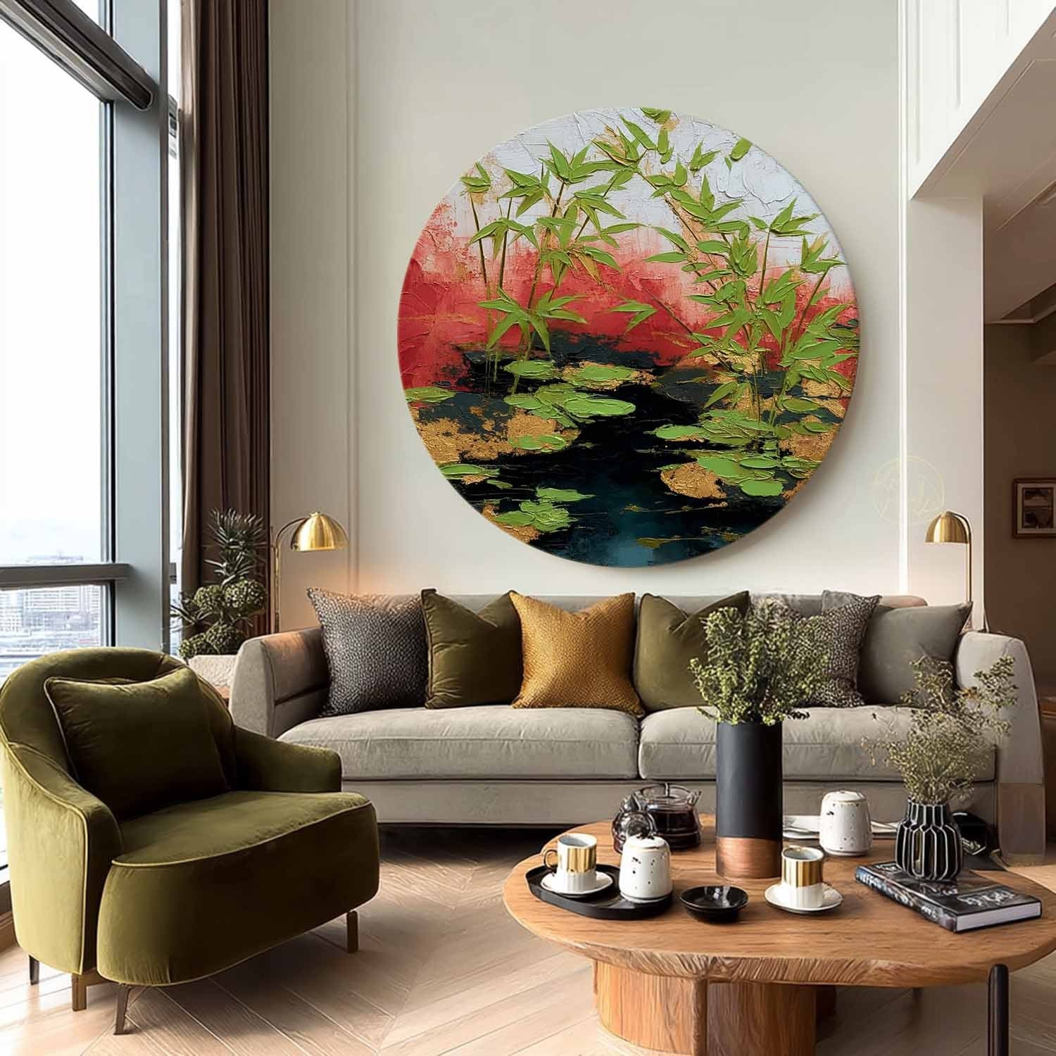 Wall Art Round Bamboo Lotus Leaf Red - Neutralighting
