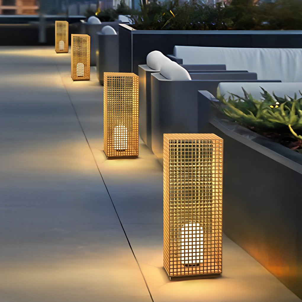 Fina Artistic Cuboid Asian-Inspired Steel Outdoor Pathway Bollard Lights