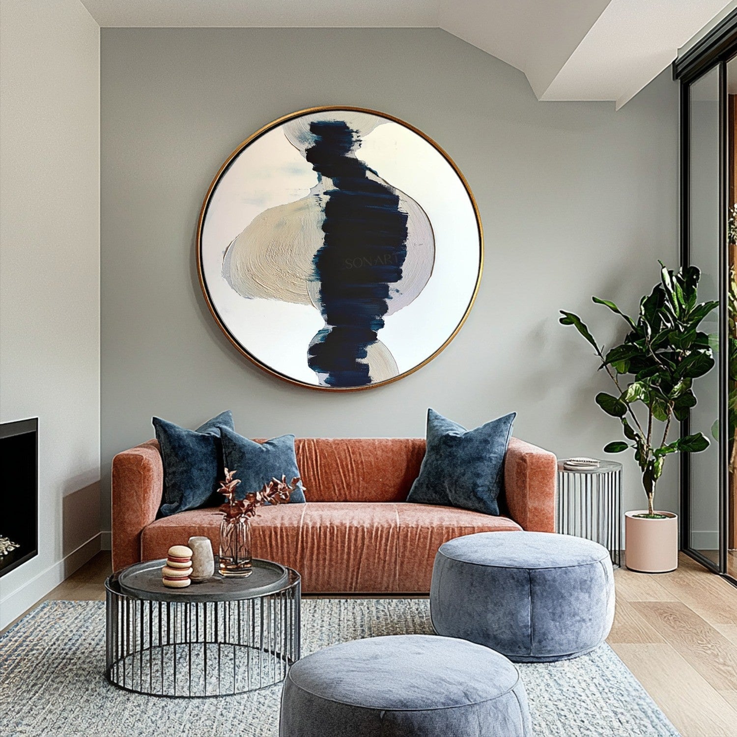 Wall Art Round Navy Beige Brushstroke - Neutralighting