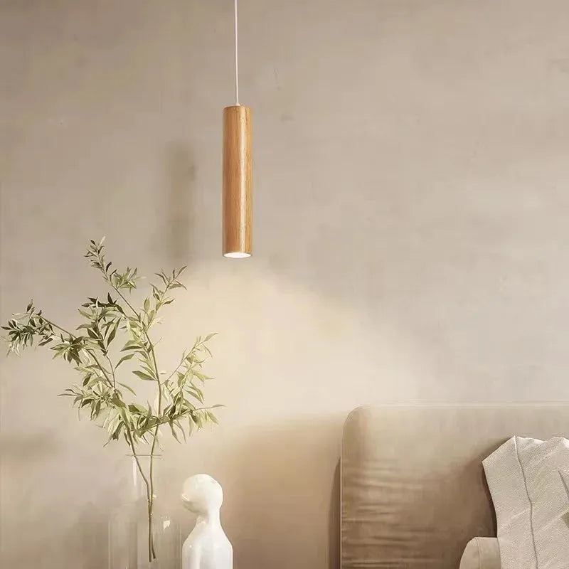 Muto Cylindrical Wood Pendant Light, for Bedroom & Kitchen Island - Neutral Decor