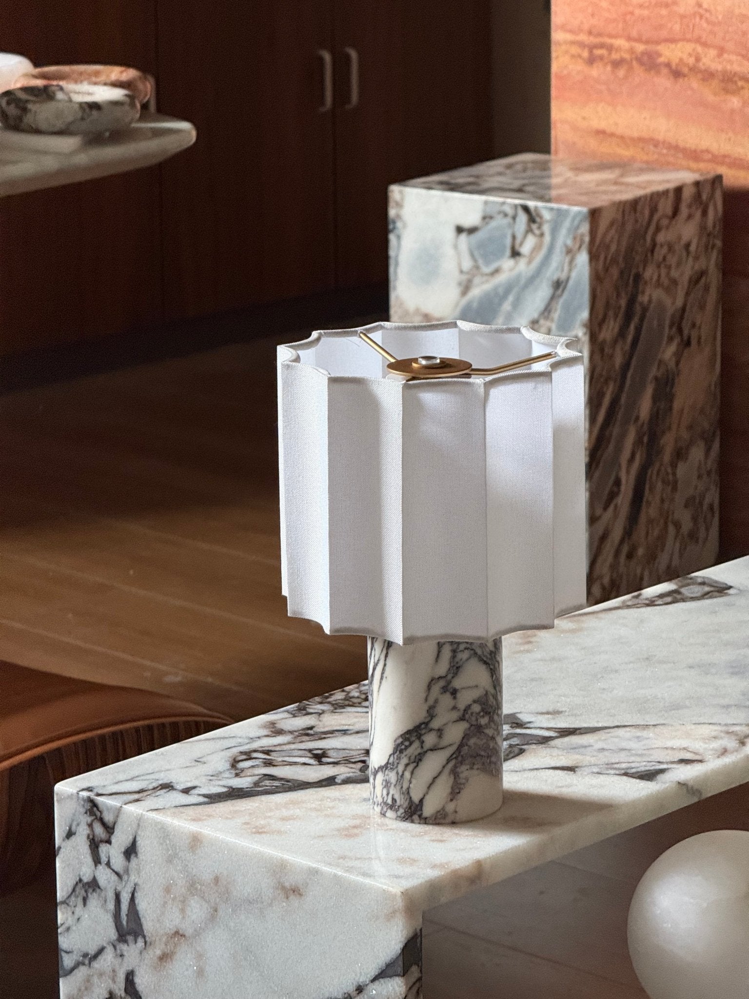 Serenity Pleated Fabric & Marble Table Lamp-Neutral Decor