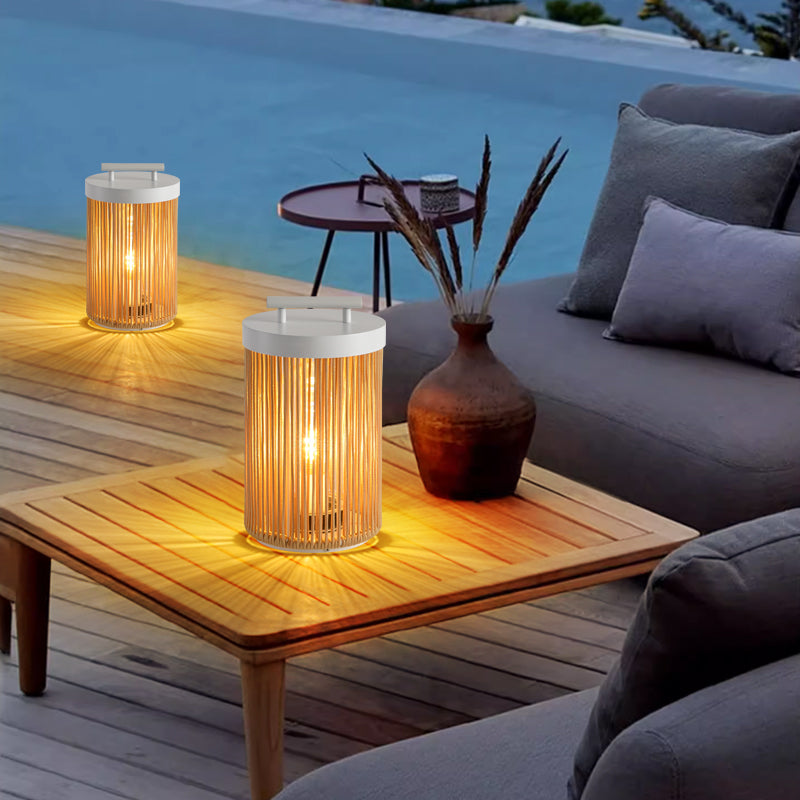 Ray Retro Metal/Rattan Floor Lamp, Hardwired/Solar/LED, Outdoor - Neutral Decor