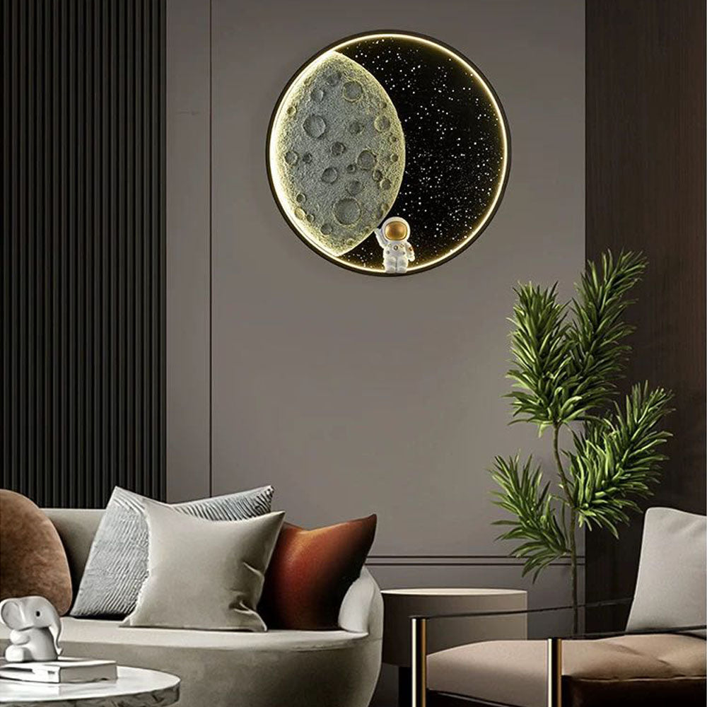 Aria Astronaut Round Moon Black Wall Lamp, Metal - Neutral Decor