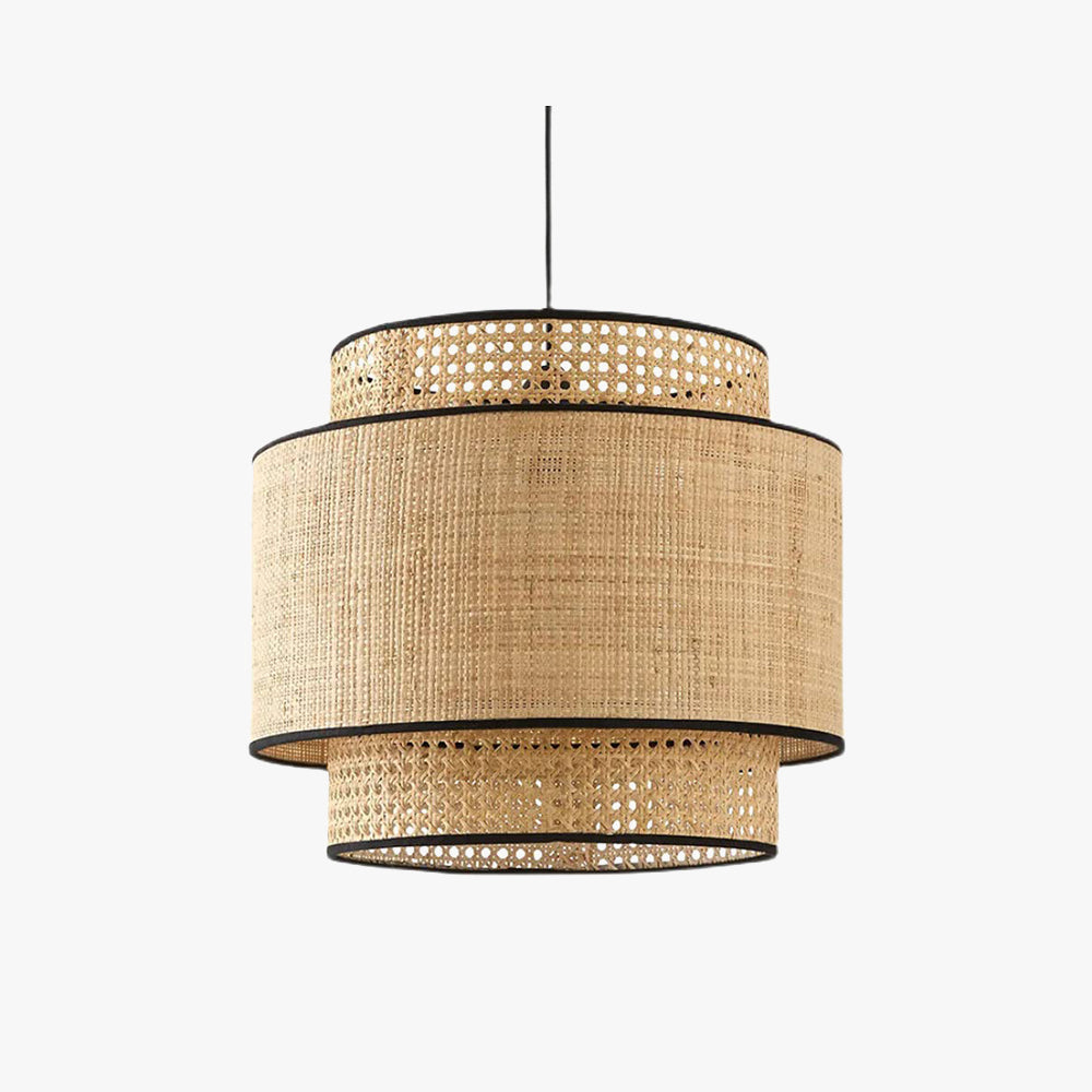 Ritta Wabi Sabi Tri-Layer Cylindrical Rattan/Metal Pendant Light, Wooden - Neutral Decor