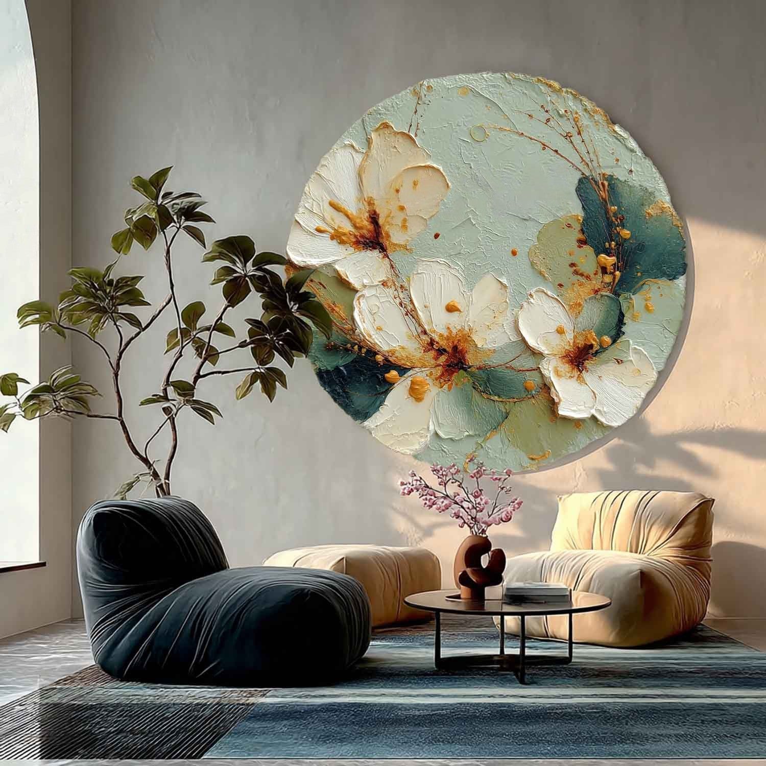 Wall Art Round White Floral Gold Accents - Neutralighting