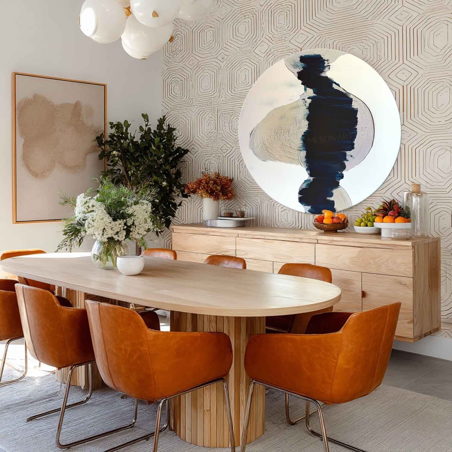 Wall Art Round Navy Beige Brushstroke - Neutralighting