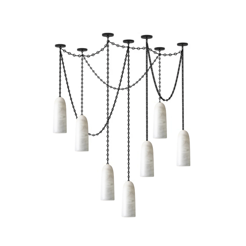 Full view of the 1 Head B chandelier with its longer chain.