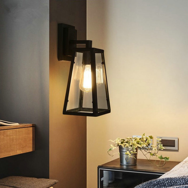 Austin Retro Black Industrial Lantern Wall Lamp, Metal & Glass - Neutral Decor