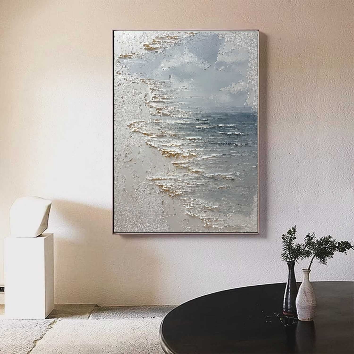 Wall Art Vertical Textured Abstract Sea Relief Scene Cool Coastal - Neutralighting