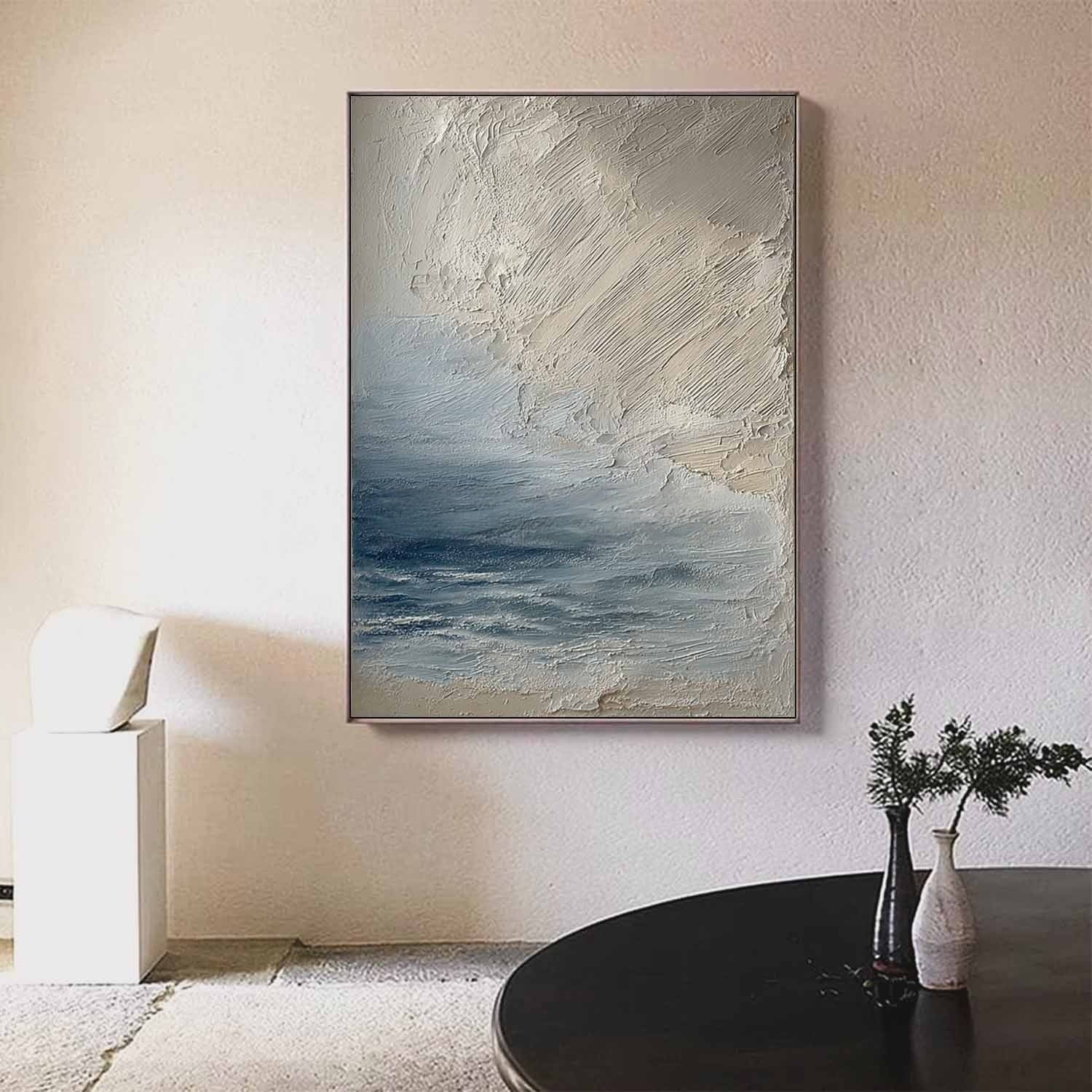 Wall Art Vertical Textured Abstract Sea Relief Scene Cool Coastal - Neutralighting
