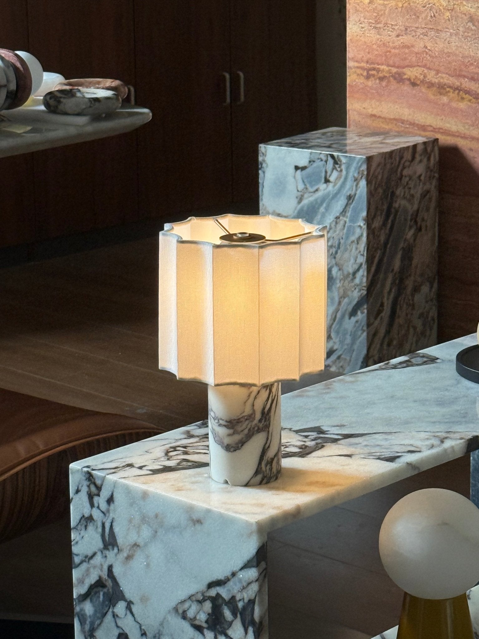Serenity Pleated Fabric & Marble Table Lamp-Neutral Decor