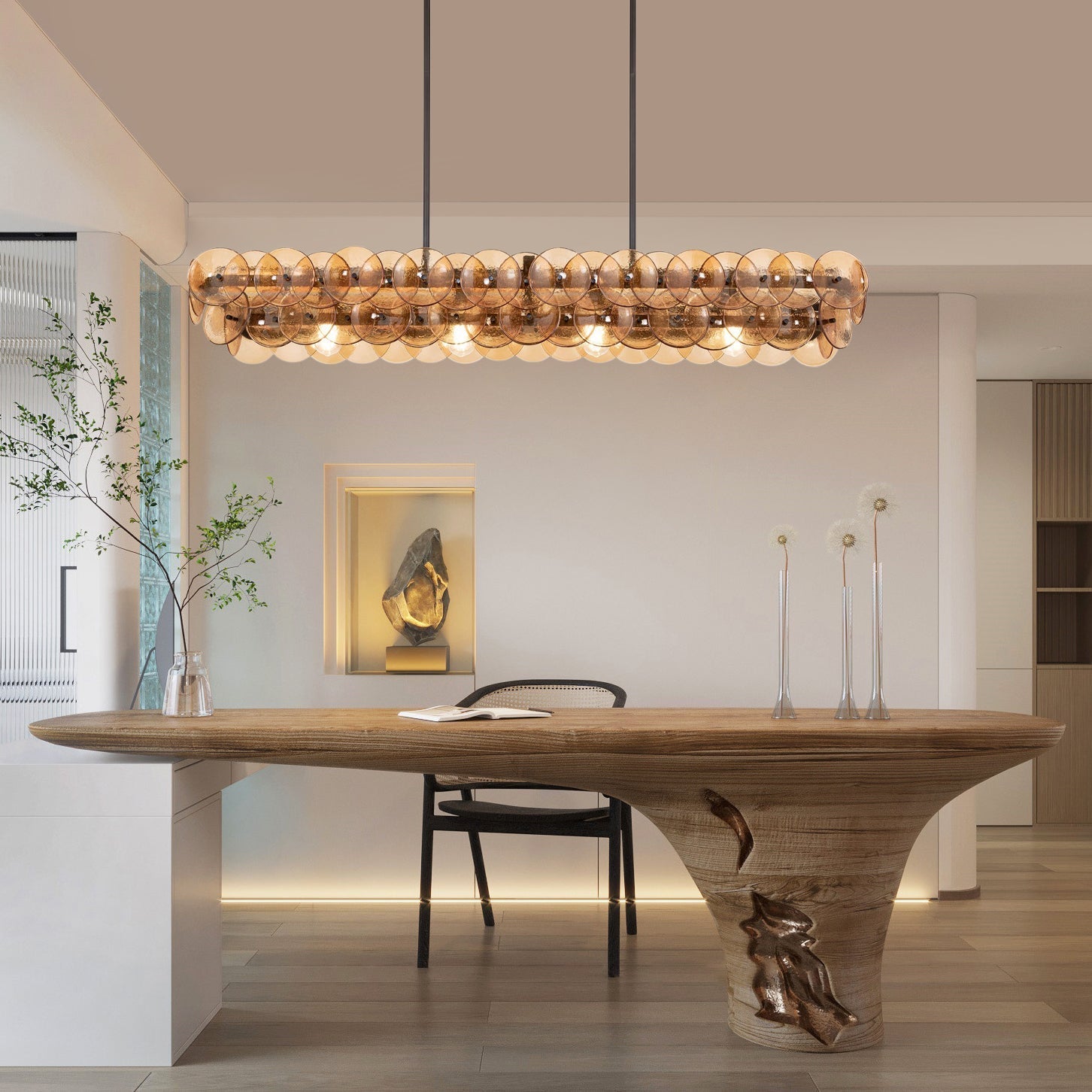 Aurora Chandelier Linear Amber Pressed Glass Disc Modern-Neutral Decor