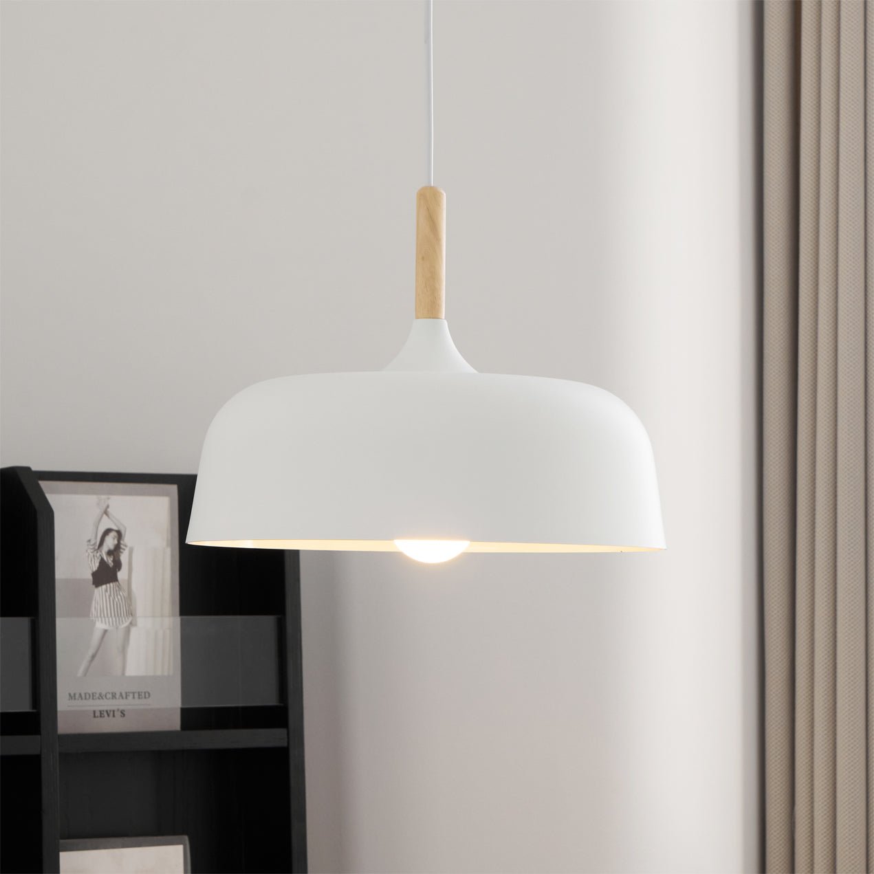Lustra Pendant Lamp White Shade Wood-Neutral Decor