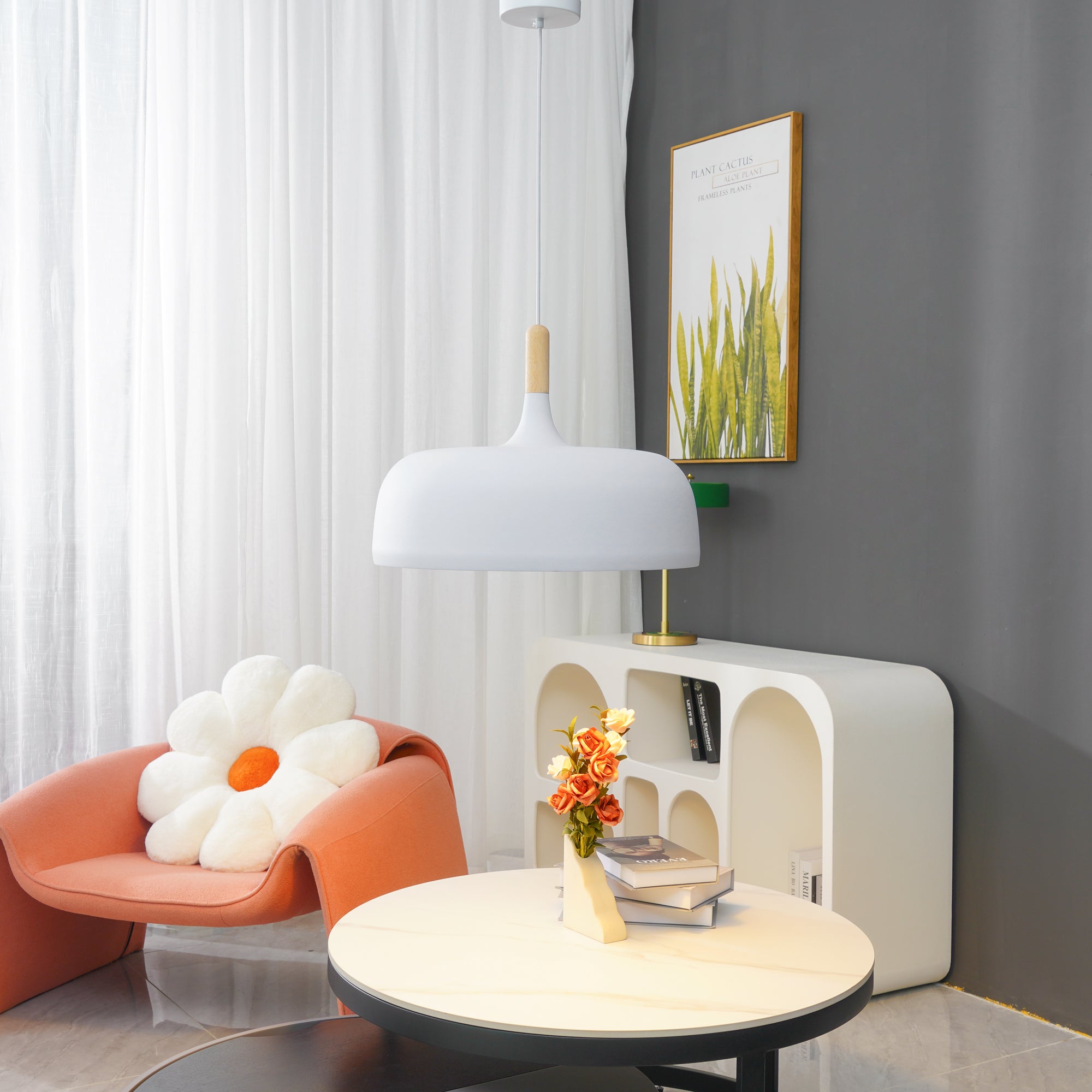 Lustra Pendant Lamp White Shade Wood-Neutral Decor