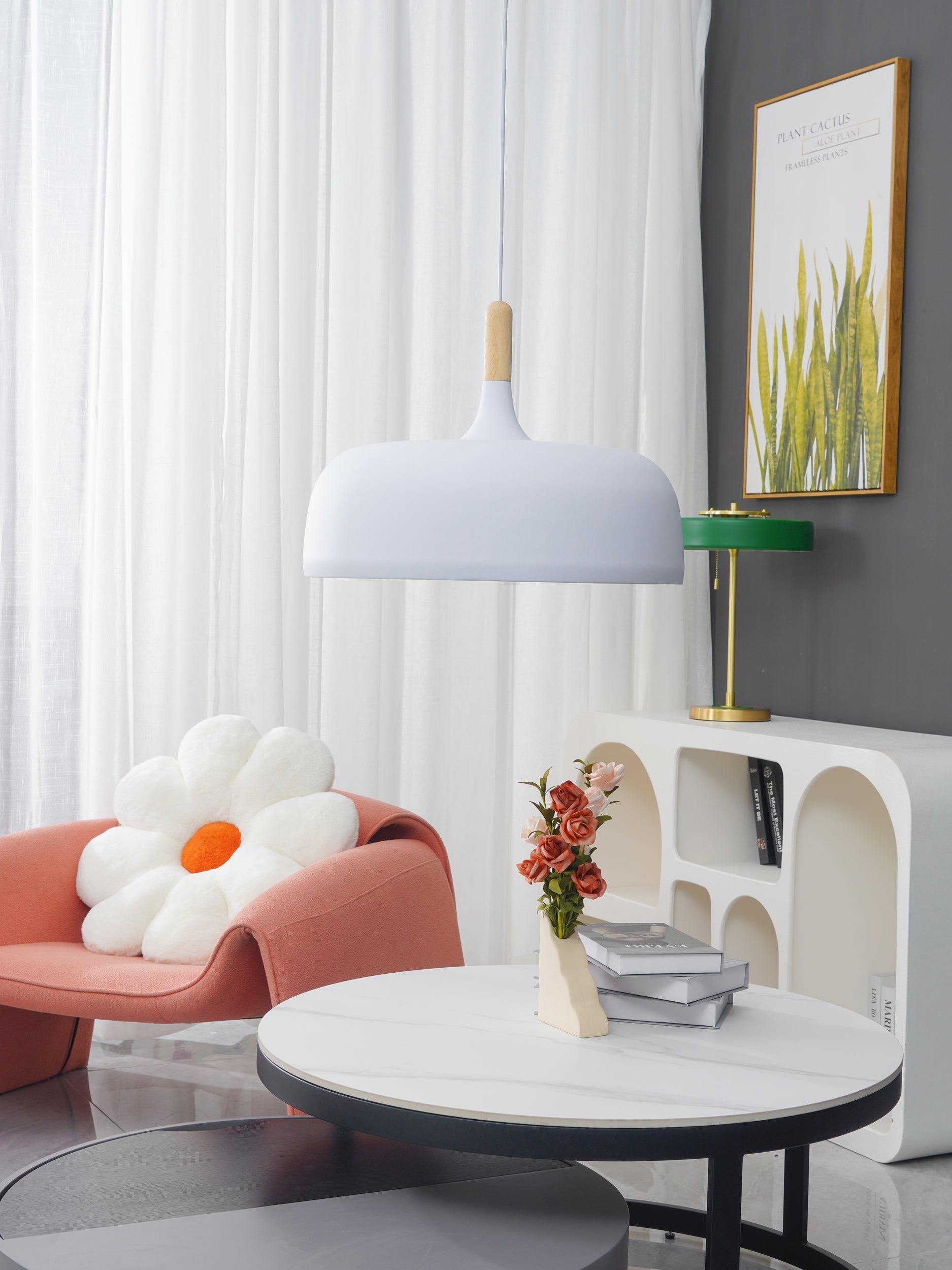 Lustra Pendant Lamp White Shade Wood-Neutral Decor